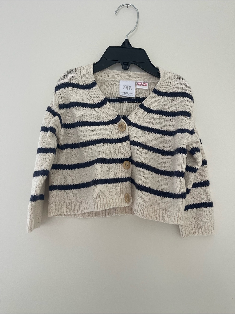Zara Cream and Navy Striped Cropped Knit Cardigan